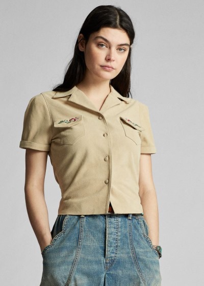 Camisa Ralph Lauren Mujer Kaki - Embroidered Suede - UYSKO4329